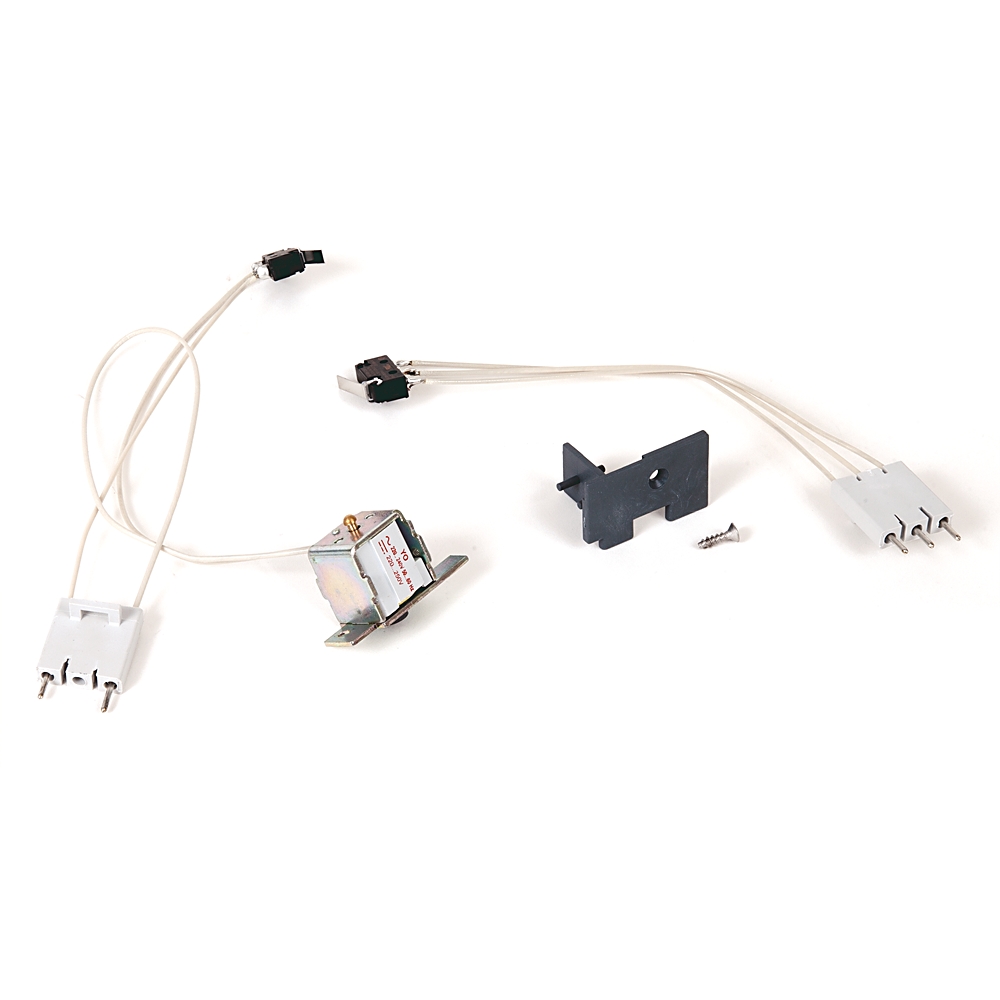 Disassembled electronic hardware on white: white multi-pin connector with cable, small transformer, black metal mounting bracket, and a screw on a white background.