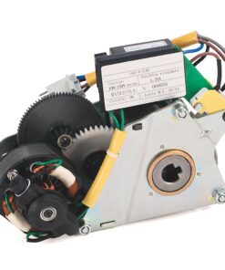 Industrial gear motor with exposed gears, wires, and a metal housing.