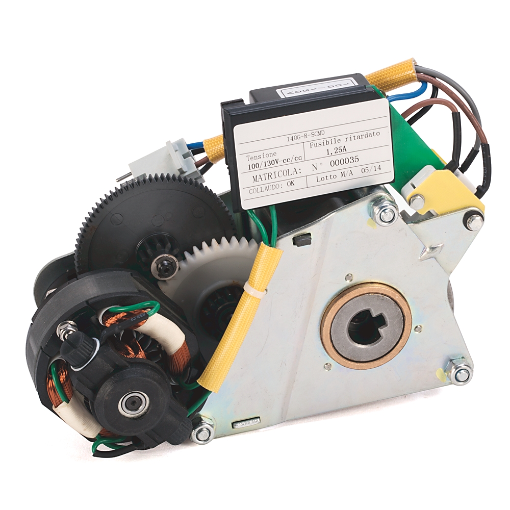 Industrial gear motor with exposed gears, wires, and a metal housing.