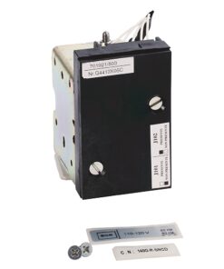 Industrial relay module for 110–120V control, with metal body, black front panel, and labeled identification stickers.
