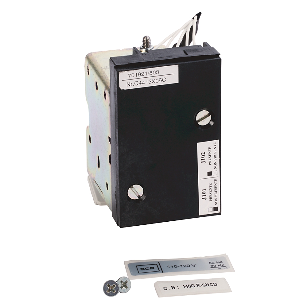 Industrial relay module for 110–120V control, with metal body, black front panel, and labeled identification stickers.