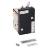 Electrical relay module with a black front panel, metal housing, and wiring leads, shown with mounting screws and installation labels (110–120V).