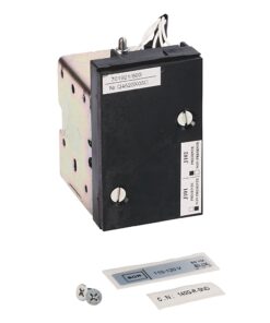 Electrical relay module with a black front panel, metal housing, and wiring leads, shown with mounting screws and installation labels (110–120V).