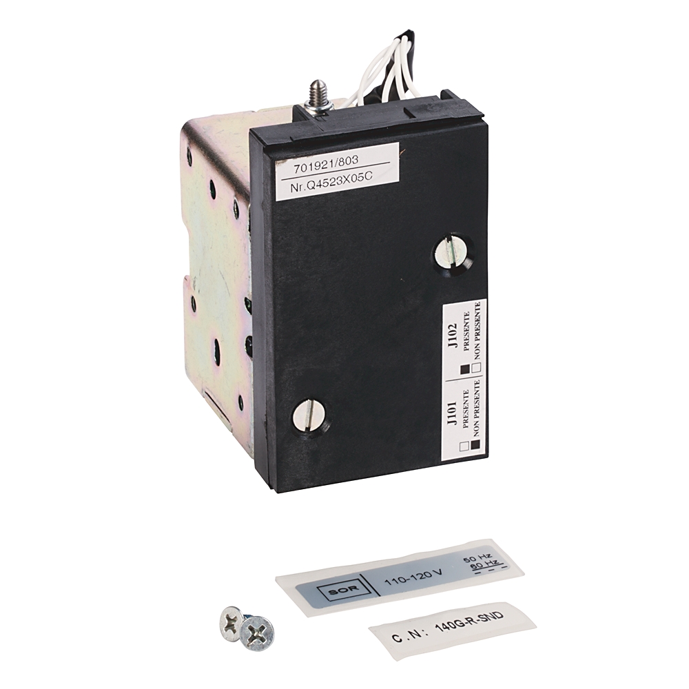 Electrical relay module with a black front panel, metal housing, and wiring leads, shown with mounting screws and installation labels (110–120V).
