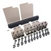 Assorted hardware kit: metal blocks with threaded holes, long bolts with washers, and beige plastic end plates.
