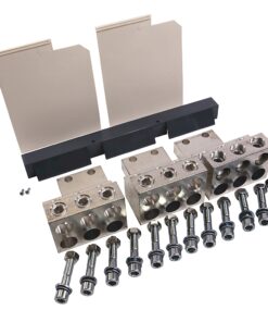 Assorted hardware kit: metal blocks with threaded holes, long bolts with washers, and beige plastic end plates.