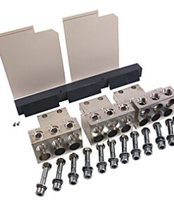 Industrial manifold or block kit with four silver aluminum blocks, a black spacer, and multiple bolts and screws laid out for assembly