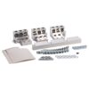 Assorted metal hardware kit with bolts, washers, nuts, and brackets laid out on a white background for assembly use.