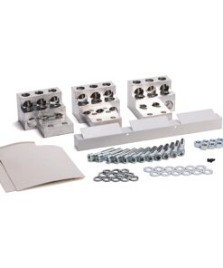Assorted metal hardware kit with bolts, washers, nuts, and brackets laid out on a white background for assembly use.
