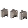 Three silver L-shaped metal brackets with two mounting holes on each leg for screws