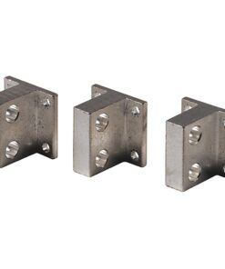 Three silver L-shaped metal brackets with two mounting holes on each leg for screws