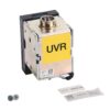 Electrical UVR module with metal casing, yellow 'UVR' label, mounting bracket, and accompanying screws and tags.
