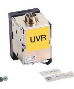 Electrical UVR module with metal casing, yellow 'UVR' label, mounting bracket, and accompanying screws and tags.
