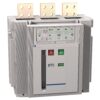 Three-pole industrial circuit breaker with red off and green on pushbuttons and three fuse blocks on top, for three-phase protection
