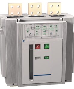 Three-pole industrial circuit breaker with red off and green on pushbuttons and three fuse blocks on top, for three-phase protection