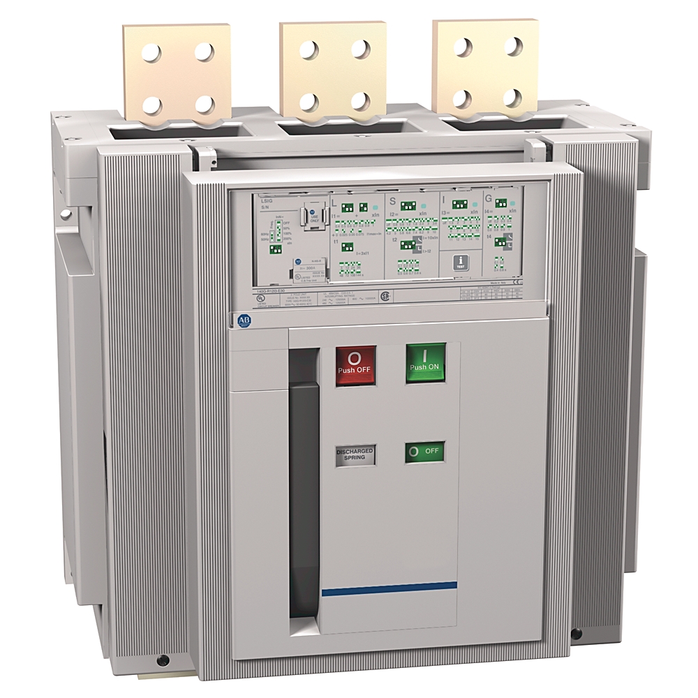Three-pole industrial circuit breaker with red off and green on pushbuttons and three fuse blocks on top, for three-phase protection