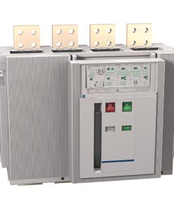 Large high-voltage circuit breaker with four fuse blocks on top and a front control panel with red and green push buttons.