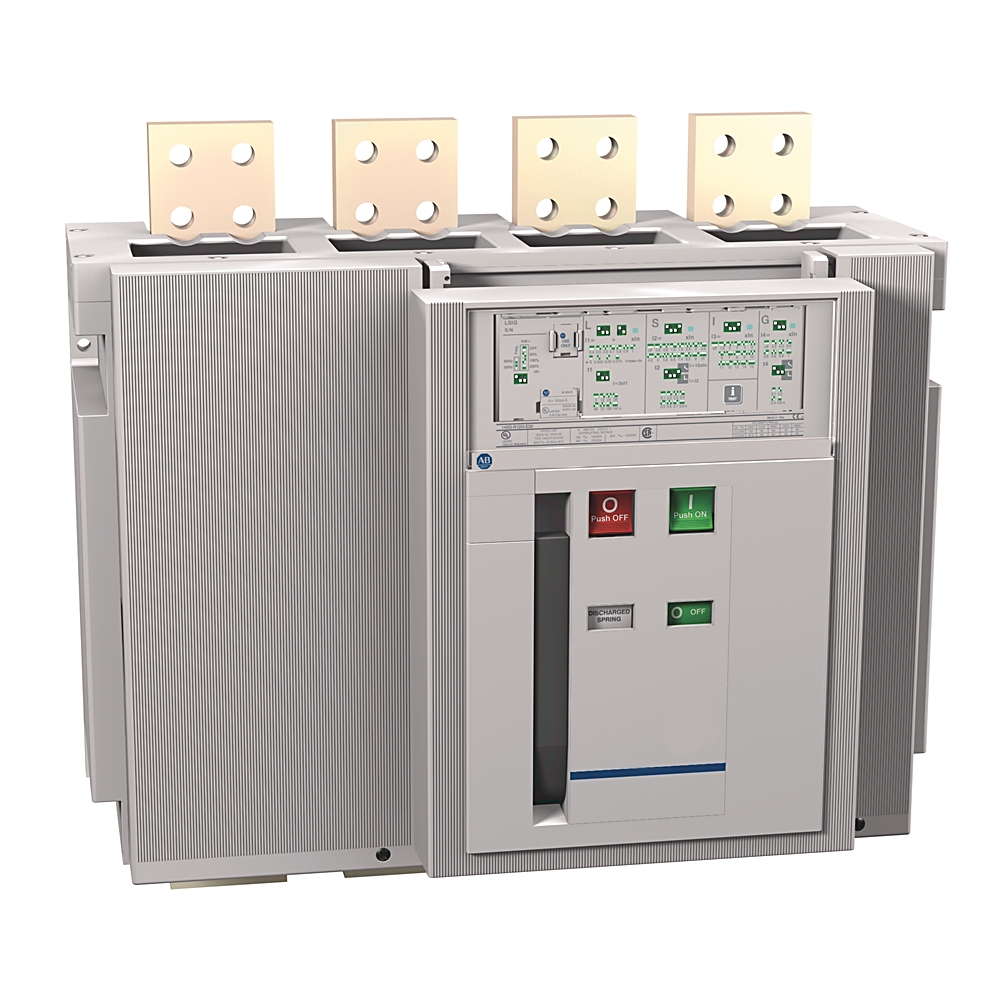 Large high-voltage circuit breaker with four fuse blocks on top and a front control panel with red and green push buttons.
