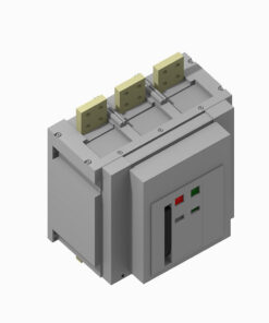 Three-pole industrial breaker with three yellow terminals on top and a front panel showing red and green indicators.