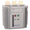 Three-pole industrial circuit breaker with red Off and green On buttons and three fuse blocks on top, housed in a gray panel.