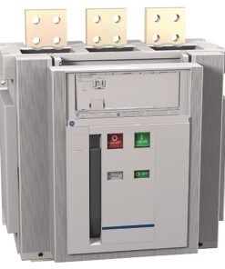 Three-pole industrial circuit breaker with red Off and green On buttons and three fuse blocks on top, housed in a gray panel.