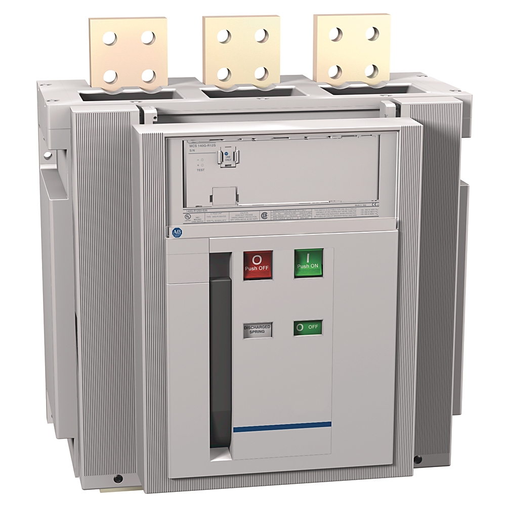 Three-pole industrial circuit breaker with red Off and green On buttons and three fuse blocks on top, housed in a gray panel.