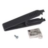 Plug-in circuit breaker trip unit with a black handle and a small screw, plus a white labeled module.