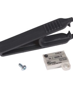 Plug-in circuit breaker trip unit with a black handle and a small screw, plus a white labeled module.