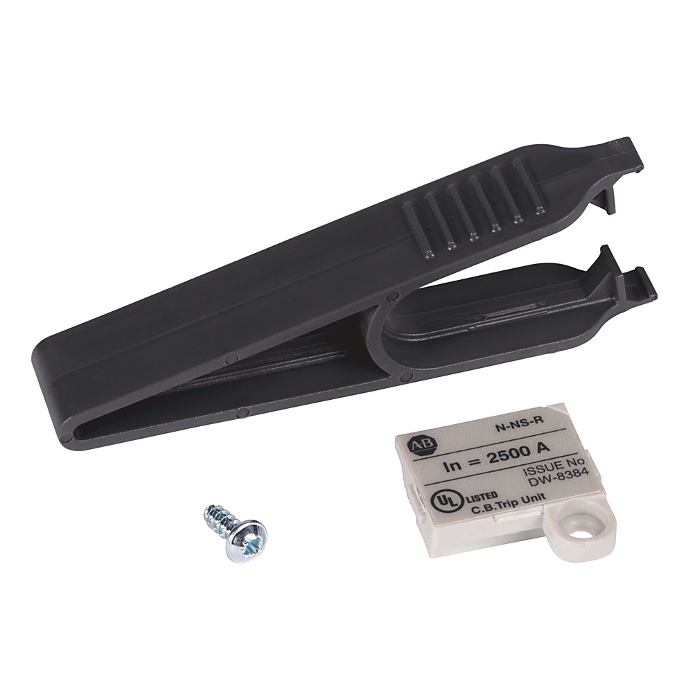 Plug-in circuit breaker trip unit with a black handle and a small screw, plus a white labeled module.