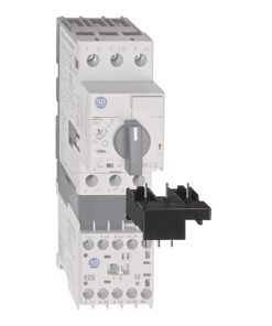 Industrial electrical contactor module with a manual switch and terminal blocks (ABB).