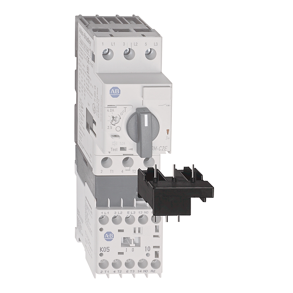Industrial electrical contactor module with a manual switch and terminal blocks (ABB).