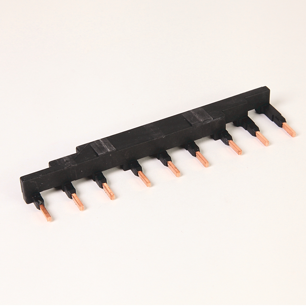 Black plastic single-row pin header with multiple copper conductive pins for PCB connections