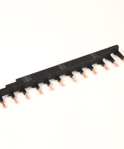Black plastic pin-header strip with multiple copper pins for PCB connections.