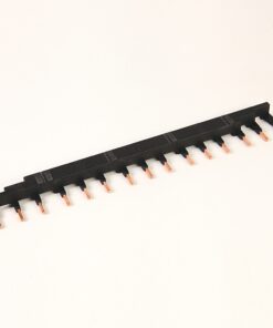 Black plastic pin header strip with a row of copper pins for PCB connections