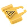 Yellow LEGO piece with a triangular black-on-yellow warning symbol embossed on a plate, resembling a hazard or caution sign.