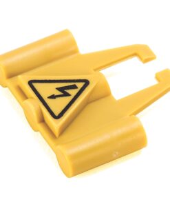 Yellow LEGO piece with a triangular black-on-yellow warning symbol embossed on a plate, resembling a hazard or caution sign.