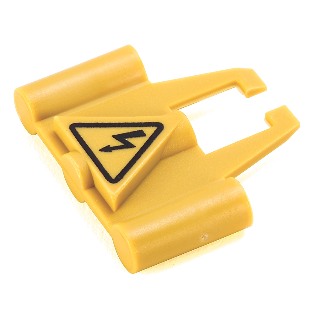 Yellow LEGO piece with a triangular black-on-yellow warning symbol embossed on a plate, resembling a hazard or caution sign.
