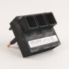 Three-slot black plastic terminal block with copper wire leads, angled on a white background (electrical connector component).