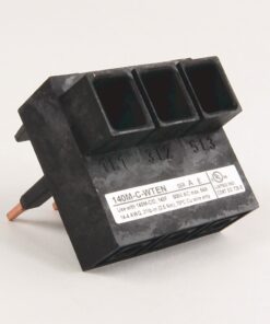 Three-slot black plastic terminal block with copper wire leads, angled on a white background (electrical connector component).