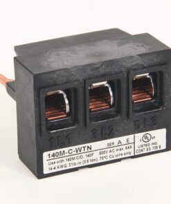 Three-pole terminal block with copper conductors visible in three rectangular openings, black housing and label 140M-C-WTN