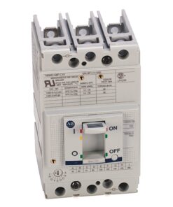 Miniature circuit breaker with a white body and a toggle switch in the ON position