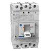 Miniature industrial circuit breaker with a toggle switch in the OFF position, showing terminal ports and labeling on the body.