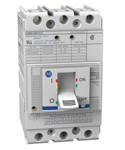 Miniature industrial circuit breaker with a toggle switch in the OFF position, showing terminal ports and labeling on the body.