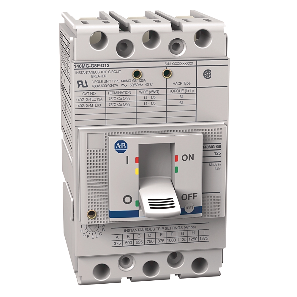 Three-pole circuit breaker with a gray toggle switch showing ON/OFF, used to protect an electrical circuit