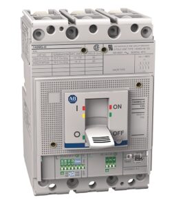 Three-pole industrial circuit breaker with a large toggle lever in the OFF position and ABB branding, on a white panel design.
