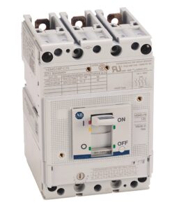 Three-pole white miniature circuit breaker with an ON/OFF switch and test button for protecting electrical circuits.
