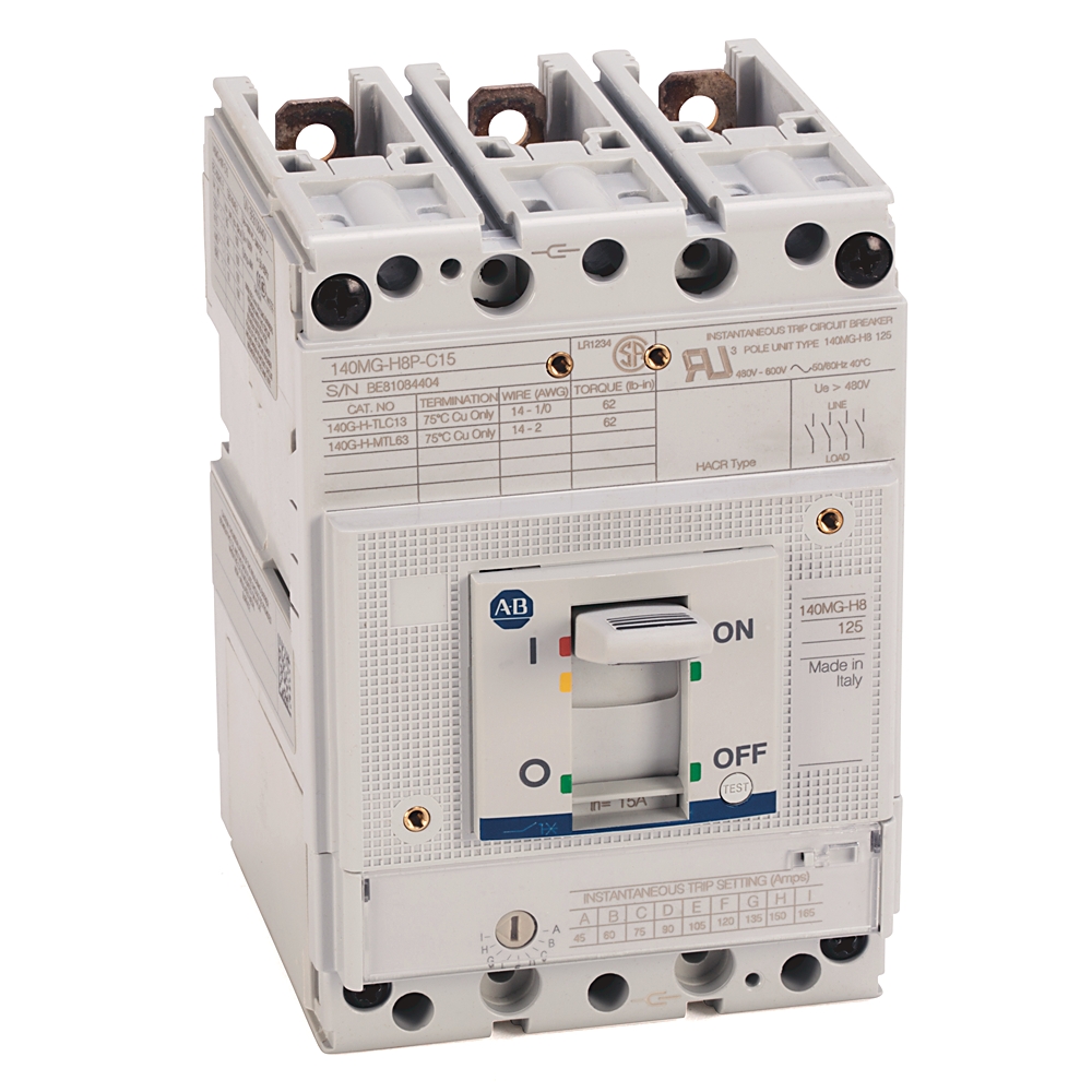 Three-pole white miniature circuit breaker with an ON/OFF switch and test button for protecting electrical circuits.