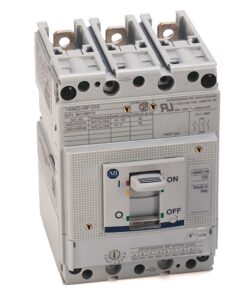 Three-pole gray DIN-rail circuit breaker with a central ON/OFF toggle and ABB branding