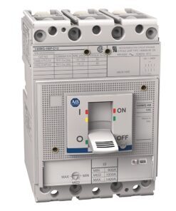 Three‑pole ABB circuit breaker with a gray toggle switch, mounted in a panel.