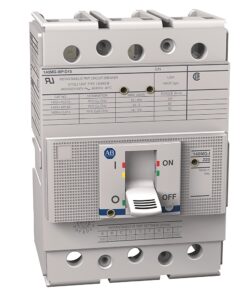 Front view of a white ABB three-pole miniature circuit breaker with a toggle switch in the OFF position and labeled terminals.